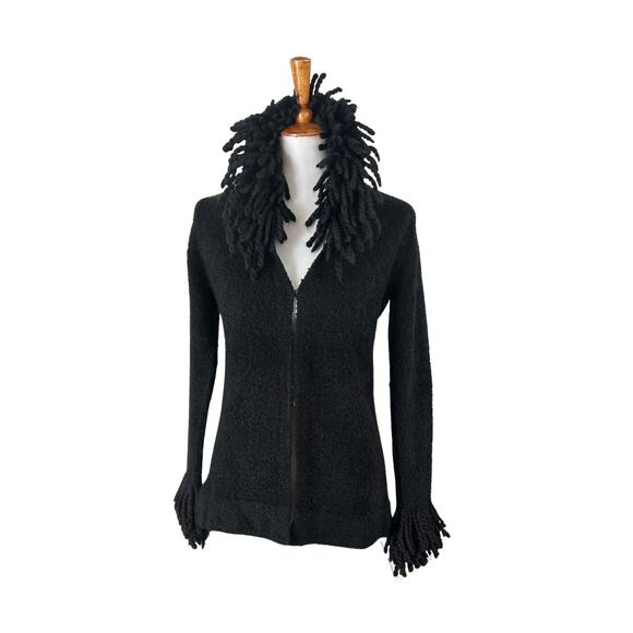 Vintage 70s/80s Black Bouclé Fringe Cardigan Sweater – Dramatic Collar & Cuffs - Picture 1 of 7